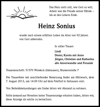 Anzeige von Heinz Sonius von Kölner Stadt-Anzeiger / Kölnische Rundschau / Express