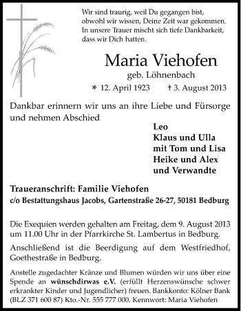 Anzeige von Maria Viehofen von Kölner Stadt-Anzeiger / Kölnische Rundschau / Express