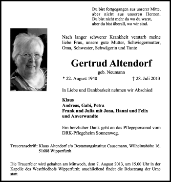 Anzeige von Gertrud Altendorf von Kölner Stadt-Anzeiger / Kölnische Rundschau / Express