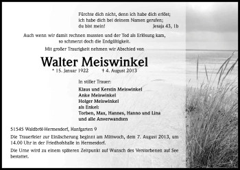 Anzeige von Walter Meiswinkel von Kölner Stadt-Anzeiger / Kölnische Rundschau / Express
