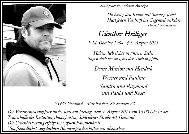  Traueranzeige für Günther Heiliger vom 06.08.2013 aus Kölner Stadt-Anzeiger / Kölnische Rundschau / Express