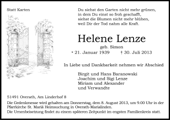 Anzeige von Helene Lenze von Kölner Stadt-Anzeiger / Kölnische Rundschau / Express