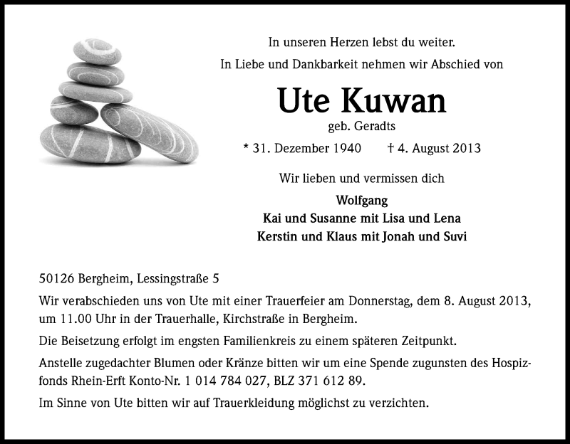  Traueranzeige für Ute Kuwan vom 06.08.2013 aus Kölner Stadt-Anzeiger / Kölnische Rundschau / Express