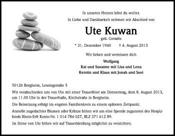Anzeige von Ute Kuwan von Kölner Stadt-Anzeiger / Kölnische Rundschau / Express