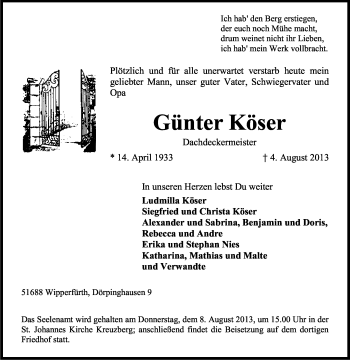 Anzeige von Günter Köser von Kölner Stadt-Anzeiger / Kölnische Rundschau / Express