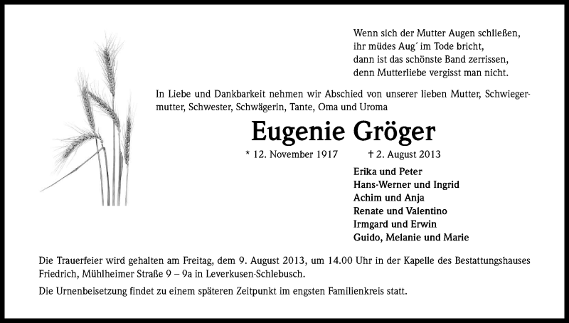  Traueranzeige für Eugenie Gröger vom 06.08.2013 aus Kölner Stadt-Anzeiger / Kölnische Rundschau / Express