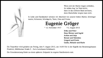 Anzeige von Eugenie Gröger von Kölner Stadt-Anzeiger / Kölnische Rundschau / Express