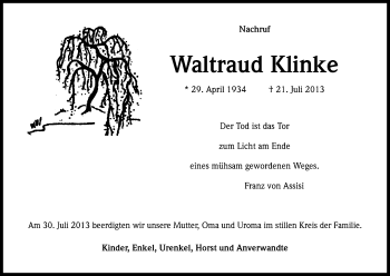 Anzeige von Waltraud Klinke von Kölner Stadt-Anzeiger / Kölnische Rundschau / Express