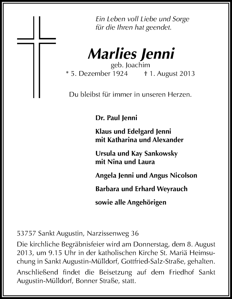  Traueranzeige für Marlies Jenni vom 06.08.2013 aus Kölner Stadt-Anzeiger / Kölnische Rundschau / Express
