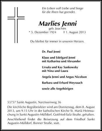 Anzeige von Marlies Jenni von Kölner Stadt-Anzeiger / Kölnische Rundschau / Express