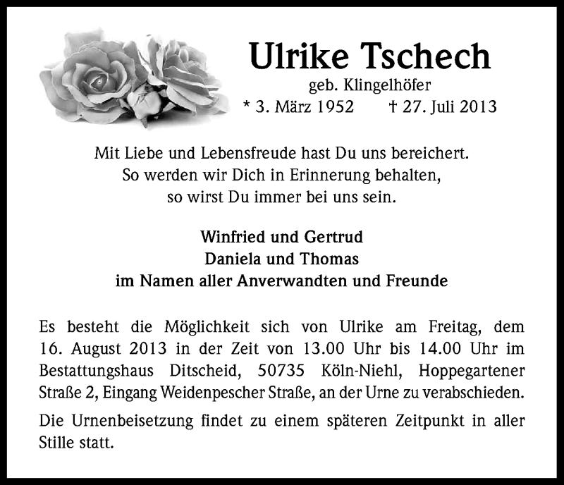  Traueranzeige für Ulrike Tschech vom 14.08.2013 aus Kölner Stadt-Anzeiger / Kölnische Rundschau / Express