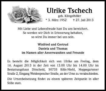 Anzeige von Ulrike Tschech von Kölner Stadt-Anzeiger / Kölnische Rundschau / Express