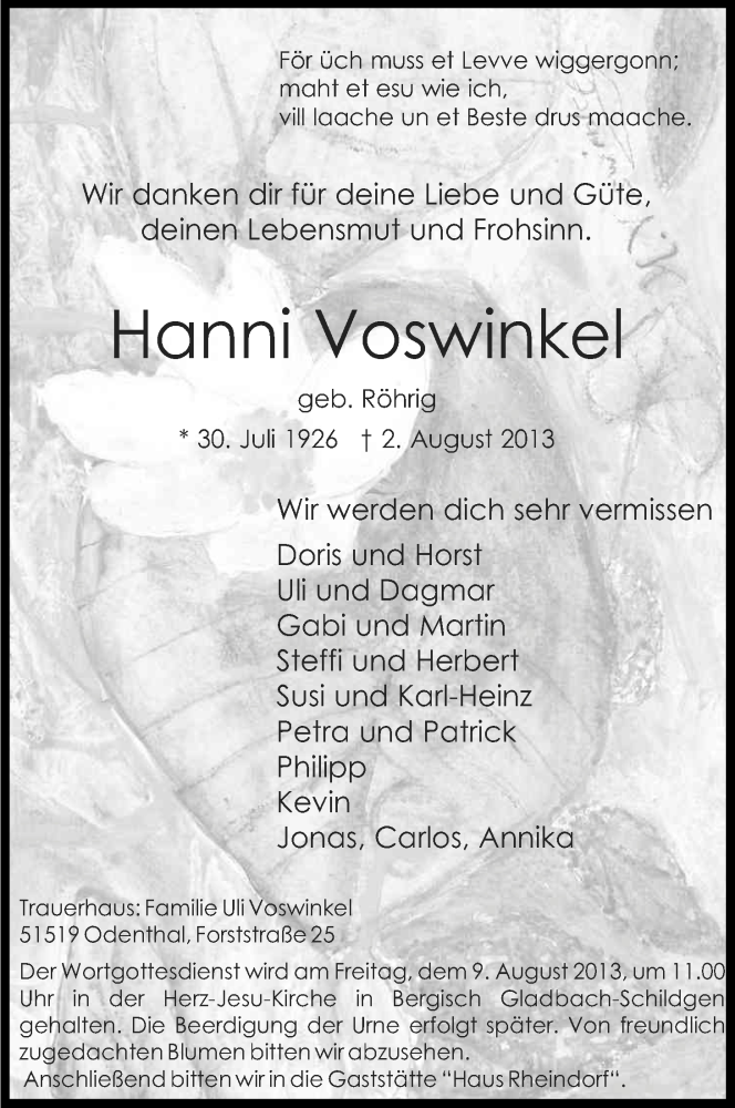  Traueranzeige für Hanni Voswinkel vom 06.08.2013 aus Kölner Stadt-Anzeiger / Kölnische Rundschau / Express