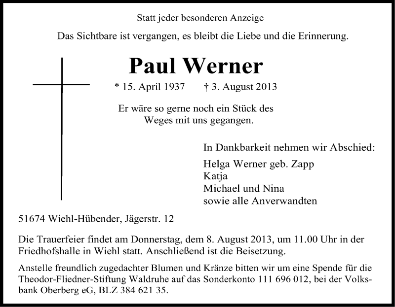  Traueranzeige für Paul Werner vom 06.08.2013 aus Kölner Stadt-Anzeiger / Kölnische Rundschau / Express