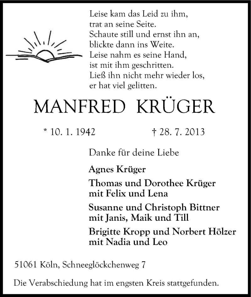  Traueranzeige für Manfred Krüger vom 13.08.2013 aus Kölner Stadt-Anzeiger / Kölnische Rundschau / Express