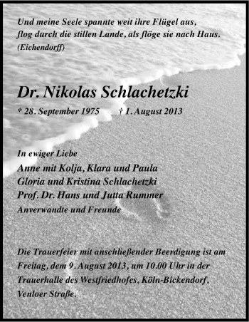 Anzeige von Nikolas Schlachetzki von Kölner Stadt-Anzeiger / Kölnische Rundschau / Express