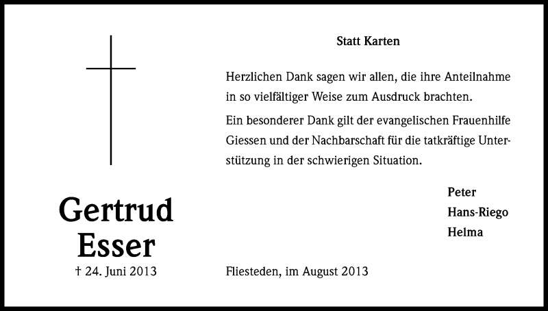  Traueranzeige für Gertrud Esser vom 07.08.2013 aus Kölner Stadt-Anzeiger / Kölnische Rundschau / Express