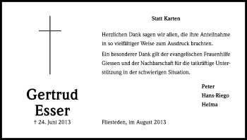 Anzeige von Gertrud Esser von Kölner Stadt-Anzeiger / Kölnische Rundschau / Express