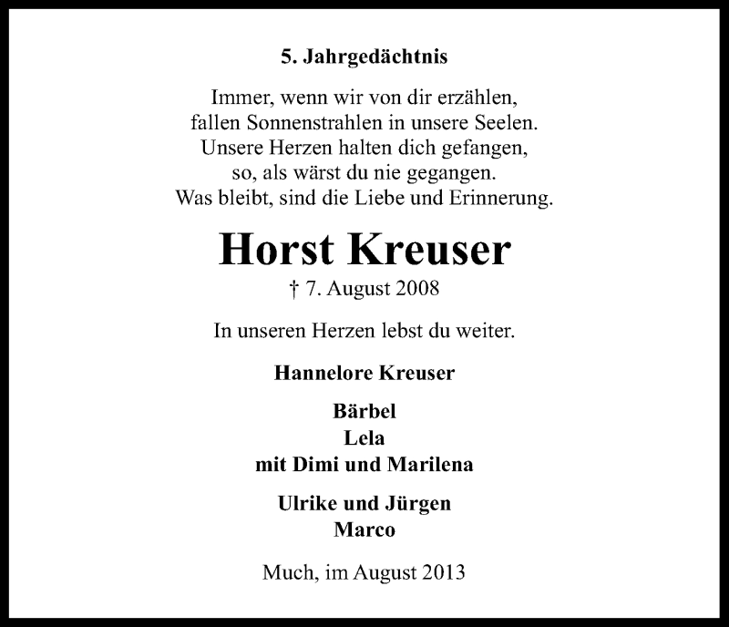  Traueranzeige für Horst Kreuser vom 07.08.2013 aus Kölner Stadt-Anzeiger / Kölnische Rundschau / Express