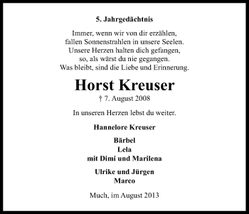 Anzeige von Horst Kreuser von Kölner Stadt-Anzeiger / Kölnische Rundschau / Express