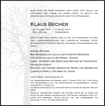 Anzeige von Klaus Becher von Kölner Stadt-Anzeiger / Kölnische Rundschau / Express