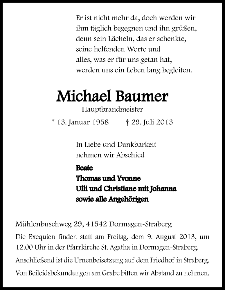  Traueranzeige für Michael Baumer vom 07.08.2013 aus Kölner Stadt-Anzeiger / Kölnische Rundschau / Express