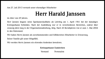 Anzeige von Harald Janssen von Kölner Stadt-Anzeiger / Kölnische Rundschau / Express