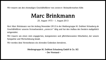 Anzeige von Marc Brinkmann von Kölner Stadt-Anzeiger / Kölnische Rundschau / Express