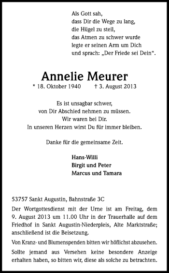 Anzeige von Annelie Meurer von Kölner Stadt-Anzeiger / Kölnische Rundschau / Express