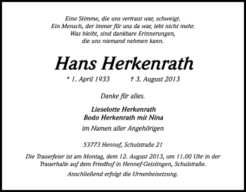 Anzeige von Hans Herkenrath von Kölner Stadt-Anzeiger / Kölnische Rundschau / Express