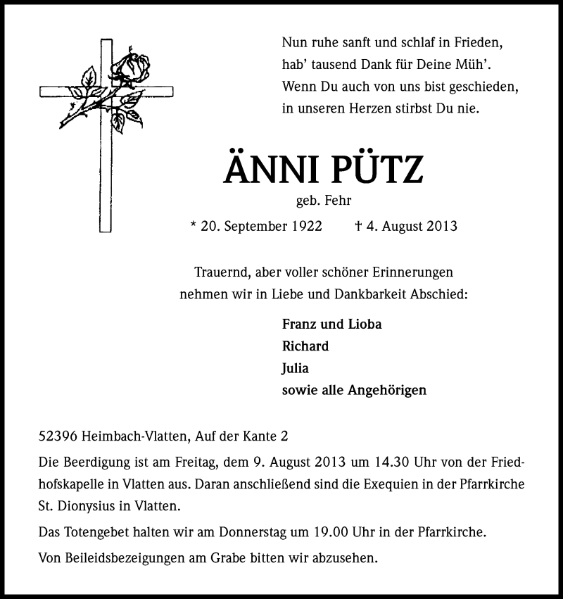  Traueranzeige für Änni Pütz vom 06.08.2013 aus Kölner Stadt-Anzeiger / Kölnische Rundschau / Express