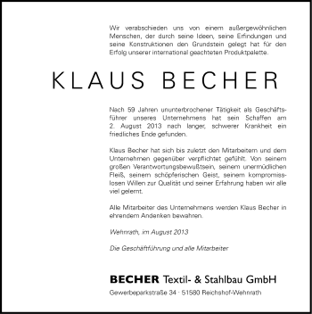 Anzeige von Klaus Becher von Kölner Stadt-Anzeiger / Kölnische Rundschau / Express
