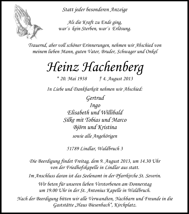  Traueranzeige für Heinz Hachenberg vom 06.08.2013 aus Kölner Stadt-Anzeiger / Kölnische Rundschau / Express