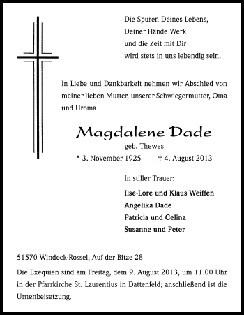 Anzeige von Magdalene Dade von Kölner Stadt-Anzeiger / Kölnische Rundschau / Express