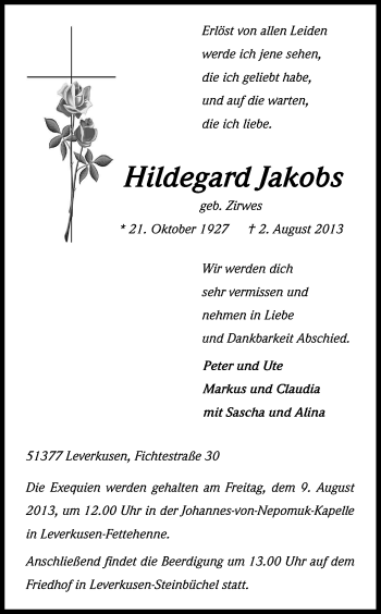 Anzeige von Hildegard Jakobs von Kölner Stadt-Anzeiger / Kölnische Rundschau / Express