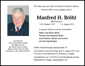 Anzeige von Manfred Bröhl von Kölner Stadt-Anzeiger / Kölnische Rundschau / Express