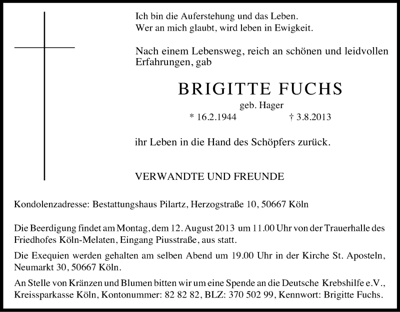  Traueranzeige für Brigitte Fuchs vom 07.08.2013 aus Kölner Stadt-Anzeiger / Kölnische Rundschau / Express