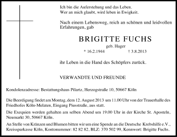 Anzeige von Brigitte Fuchs von Kölner Stadt-Anzeiger / Kölnische Rundschau / Express