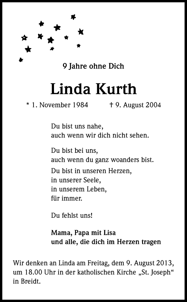  Traueranzeige für Linda Kurth vom 09.08.2013 aus Kölner Stadt-Anzeiger / Kölnische Rundschau / Express