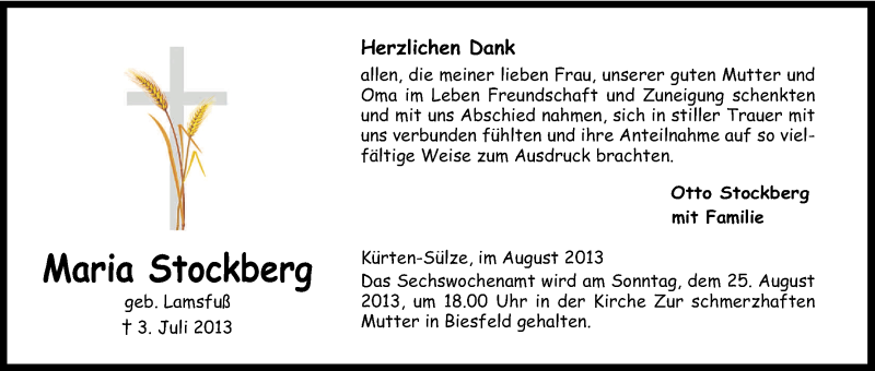  Traueranzeige für Maria Stockberg vom 17.08.2013 aus Kölner Stadt-Anzeiger / Kölnische Rundschau / Express