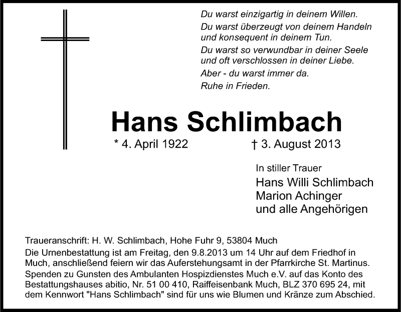  Traueranzeige für Hans Schlimbach vom 06.08.2013 aus Kölner Stadt-Anzeiger / Kölnische Rundschau / Express
