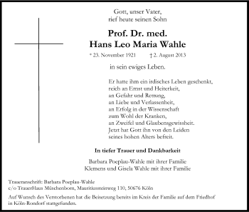 Anzeige von Hans Leo Maria Wahle von Kölner Stadt-Anzeiger / Kölnische Rundschau / Express
