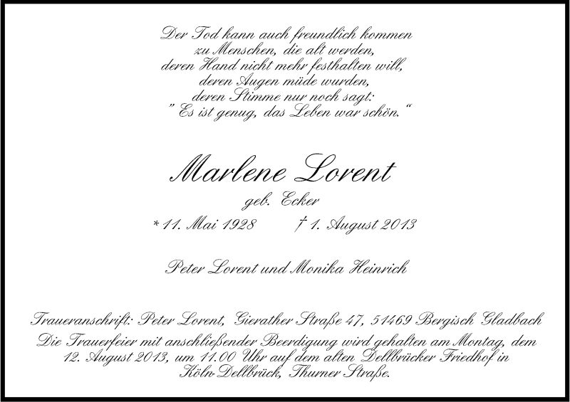  Traueranzeige für Marlene Lorent vom 07.08.2013 aus Kölner Stadt-Anzeiger / Kölnische Rundschau / Express