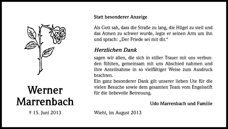  Traueranzeige für Werner Marrenbach vom 10.08.2013 aus Kölner Stadt-Anzeiger / Kölnische Rundschau / Express