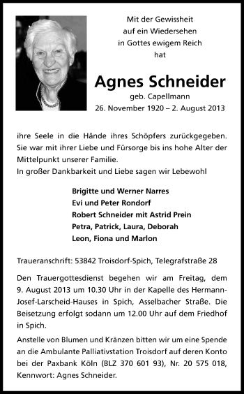 Anzeige von Agnes Schneider von Kölner Stadt-Anzeiger / Kölnische Rundschau / Express