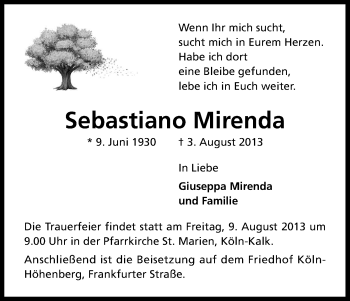 Anzeige von Sebastiano Mirenda von Kölner Stadt-Anzeiger / Kölnische Rundschau / Express
