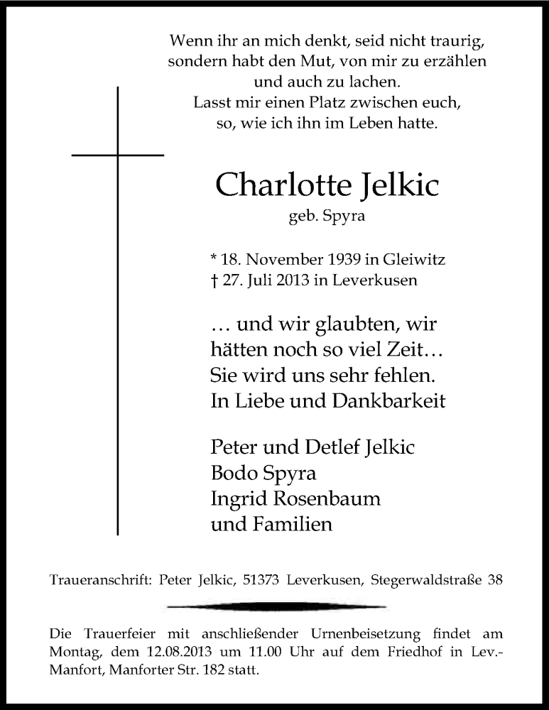  Traueranzeige für Charlotte Jelkic vom 07.08.2013 aus Kölner Stadt-Anzeiger / Kölnische Rundschau / Express