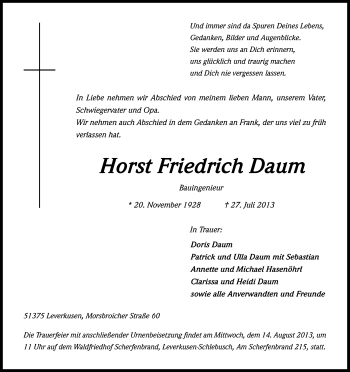 Anzeige von Horst Friedrich Daum von Kölner Stadt-Anzeiger / Kölnische Rundschau / Express