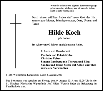 Anzeige von Hilde Koch von Kölner Stadt-Anzeiger / Kölnische Rundschau / Express