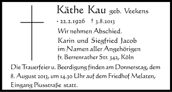 Anzeige von Käthe Kau von Kölner Stadt-Anzeiger / Kölnische Rundschau / Express